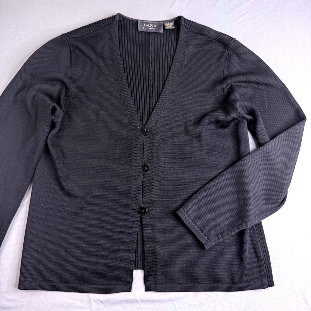 Dana Buchman Black 100% Silk V-Neck Button Front Ribbed Cardigan Sweater Large